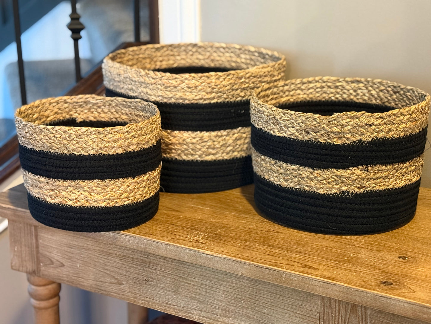 Black Striped Round Seagrass and Rope Baskets