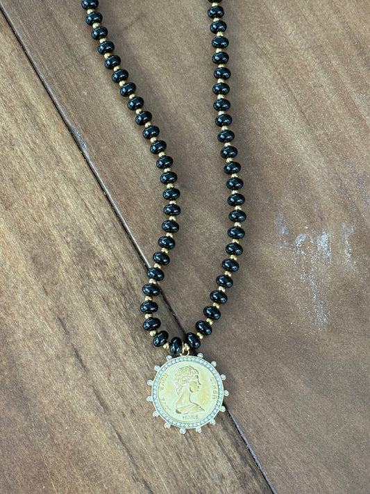 Black Gemstone Coin Necklace
