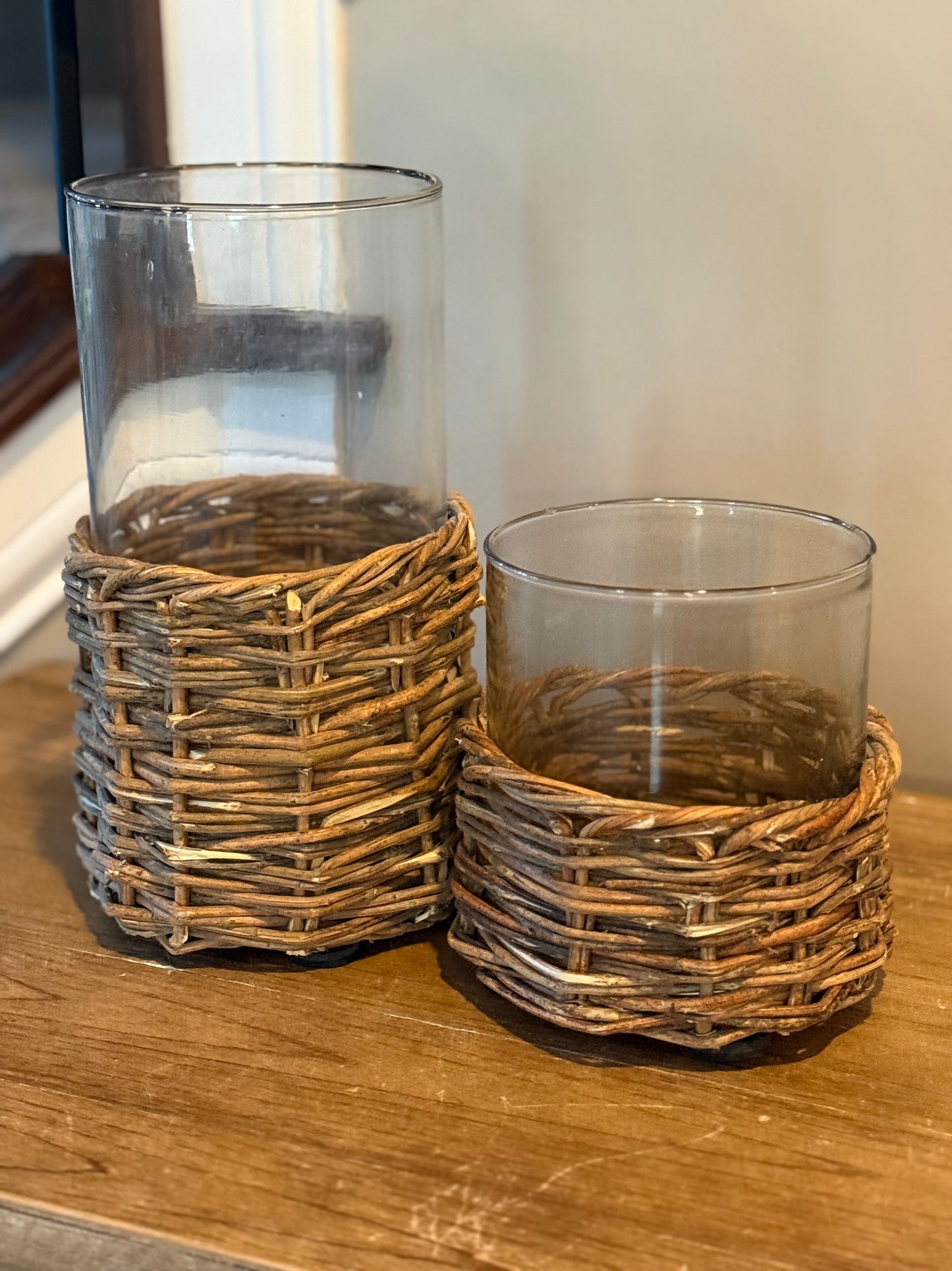 Clear Glass Cylinders in Woven Rattan Base