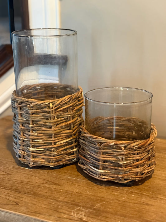 Clear Glass Cylinders in Woven Rattan Base