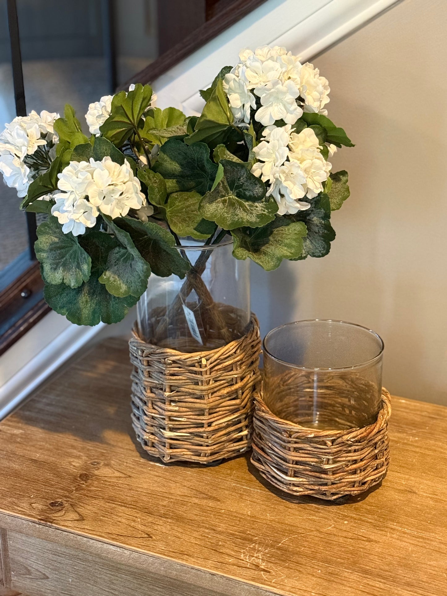 Clear Glass Cylinders in Woven Rattan Base