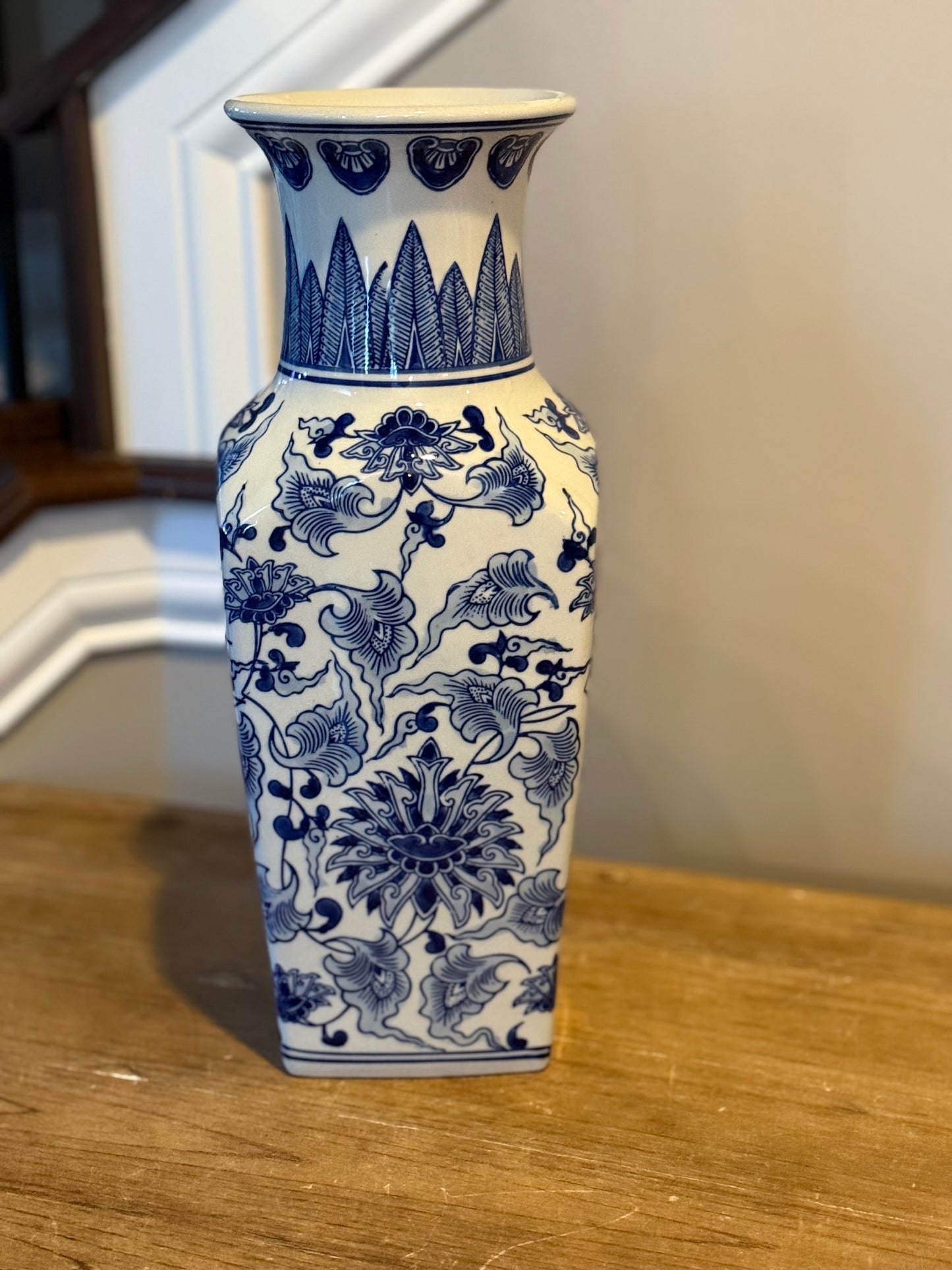 14 inch Ceramic Blue and White Chinoiserie Square vase
