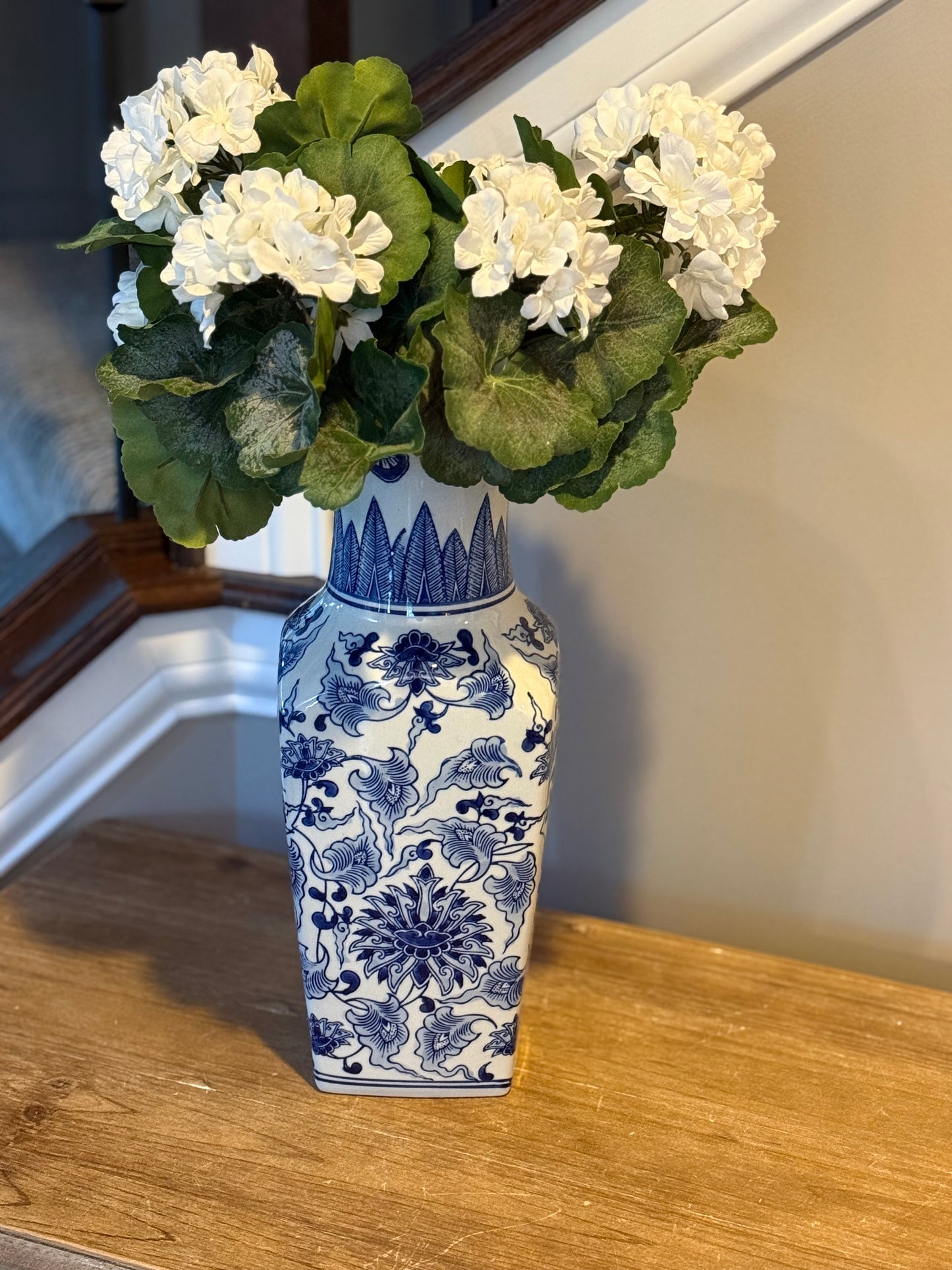 14 inch Ceramic Blue and White Chinoiserie Square vase