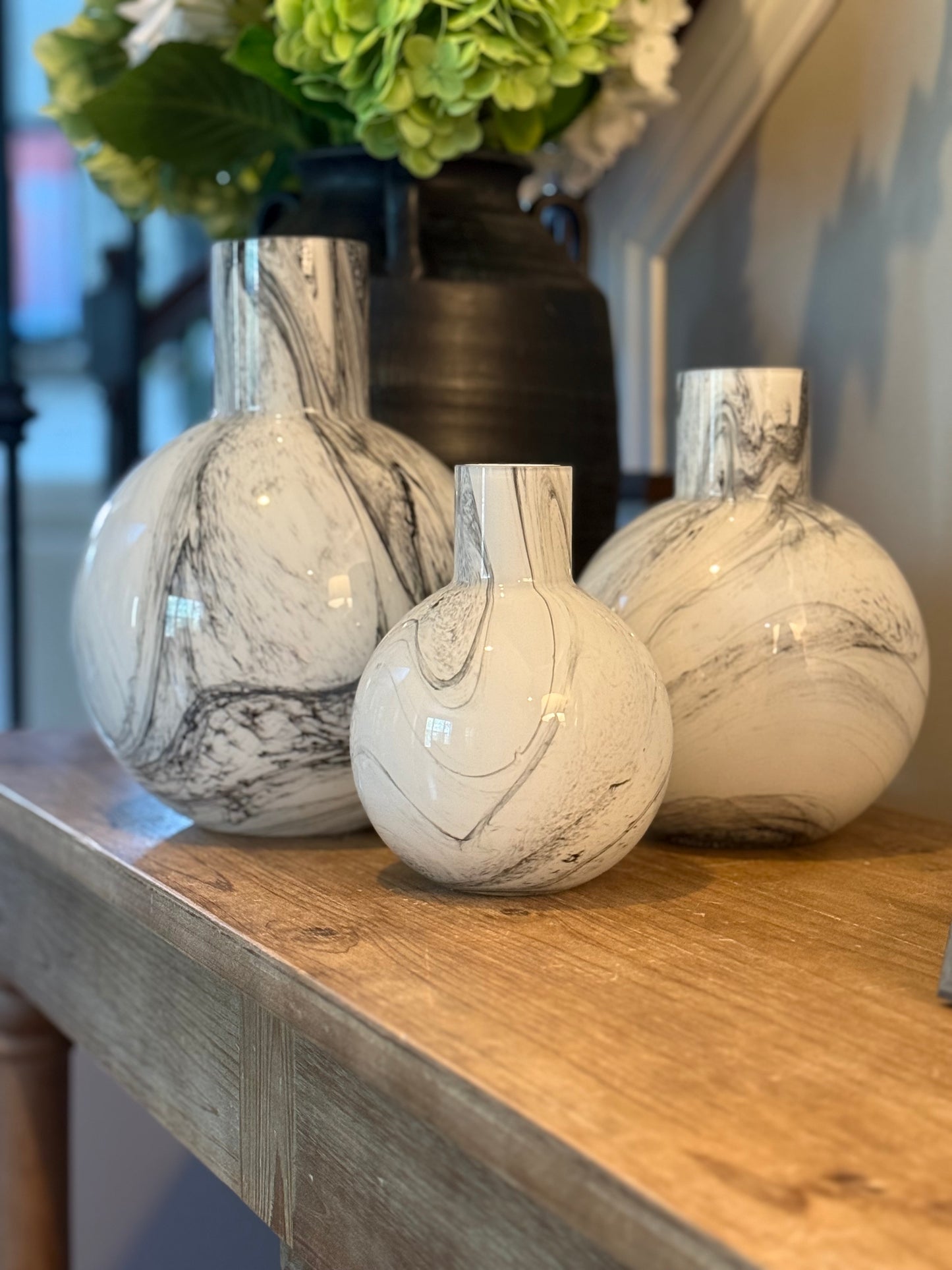 White and Smokey Black Marbled Vases